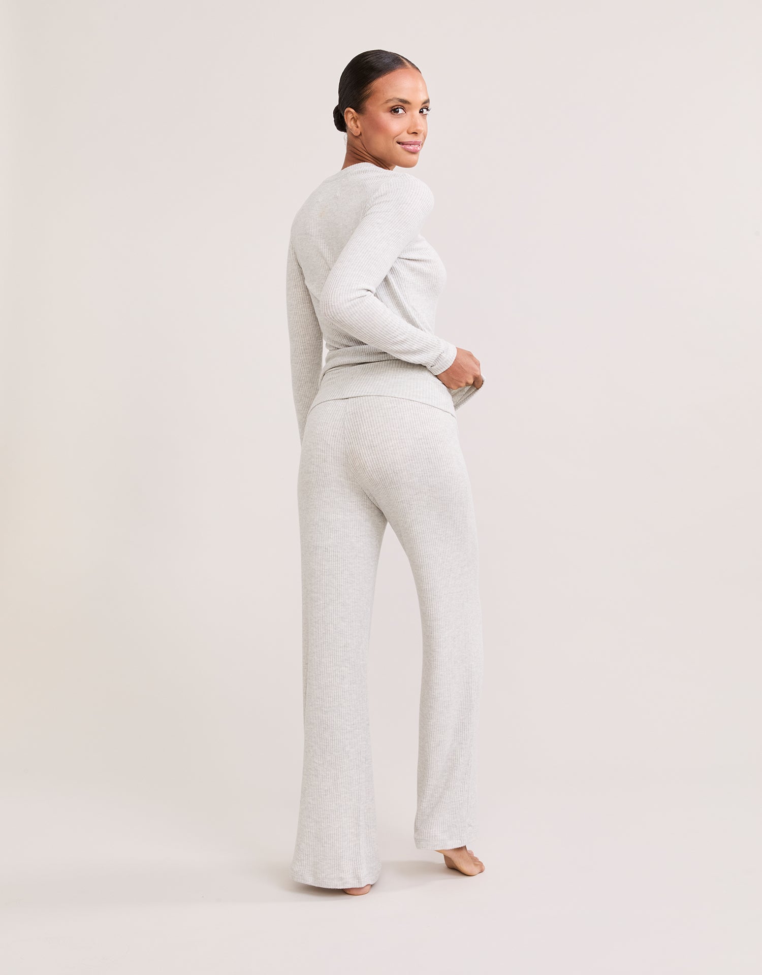 Casual luxury lounge set. Heather ash long sleeve shirt and sweatpants.