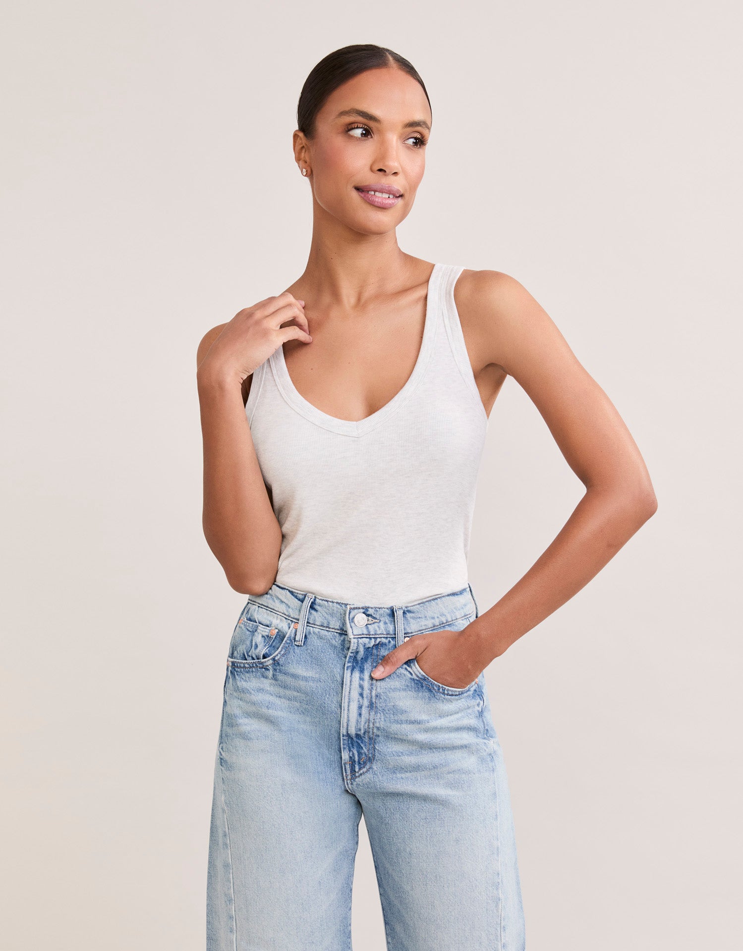 Augusta Ribbed V Neck Tank - Heather Ash