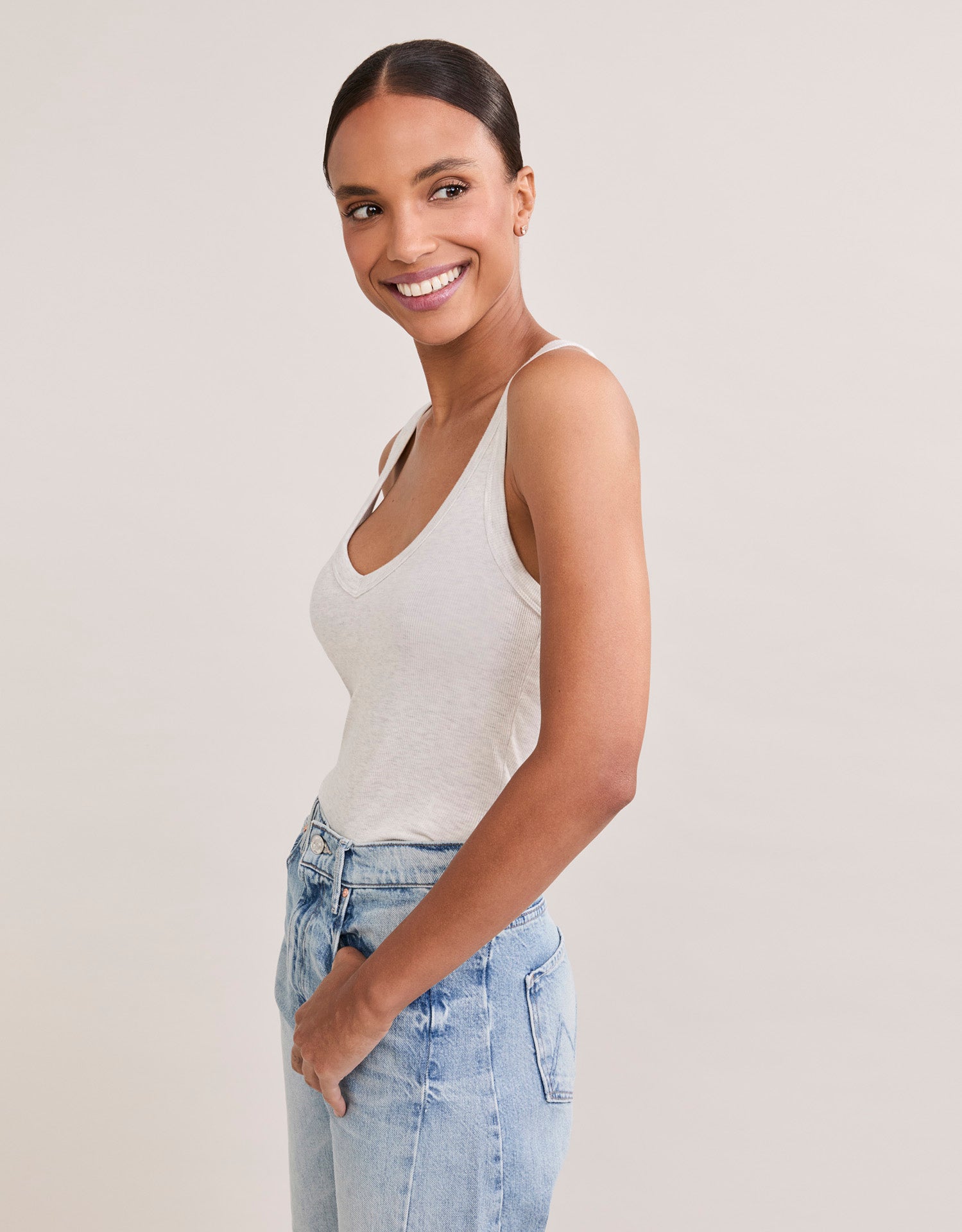 Augusta Ribbed V Neck Tank - Heather Ash