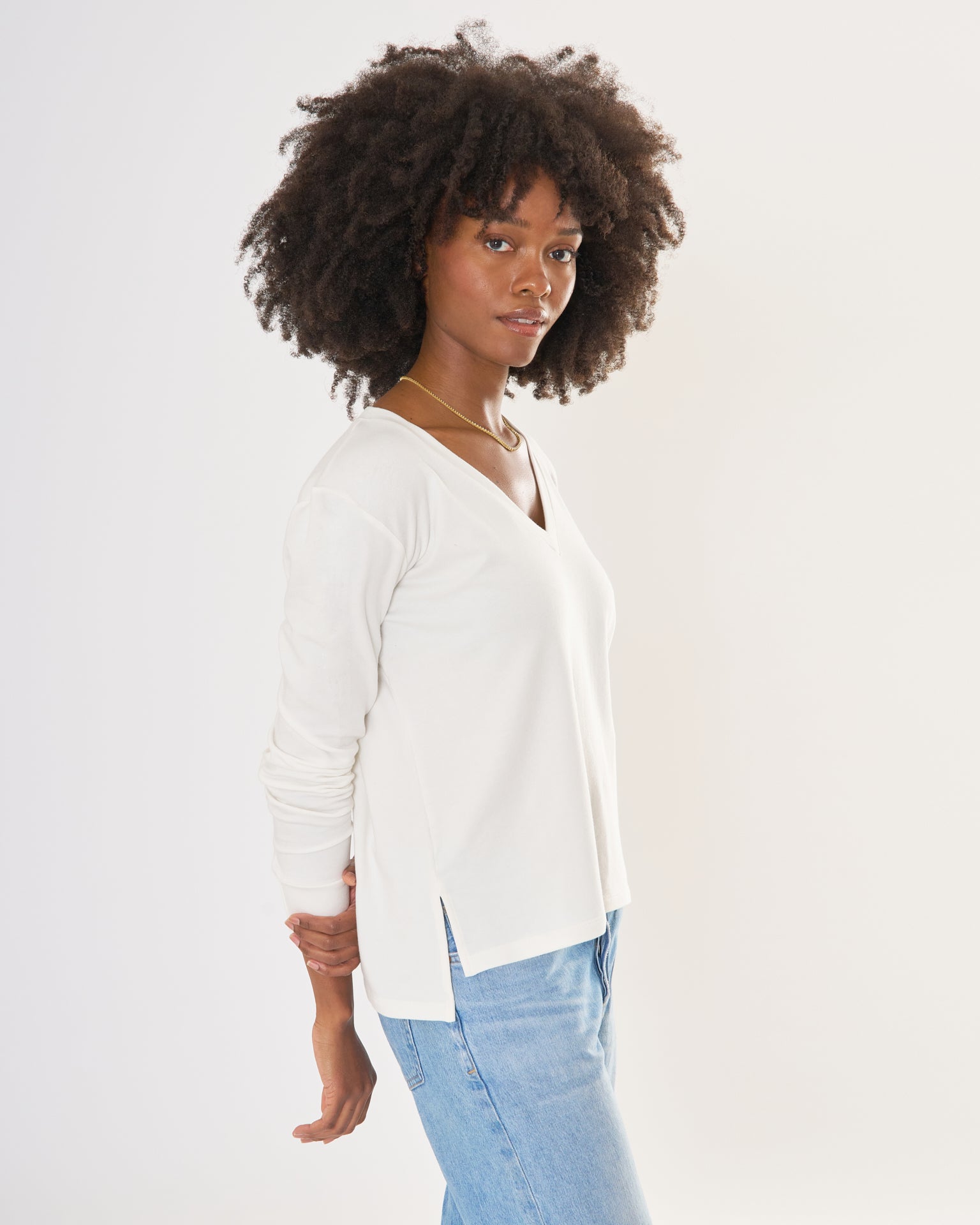 Houston Long Sleeve V Neck - White