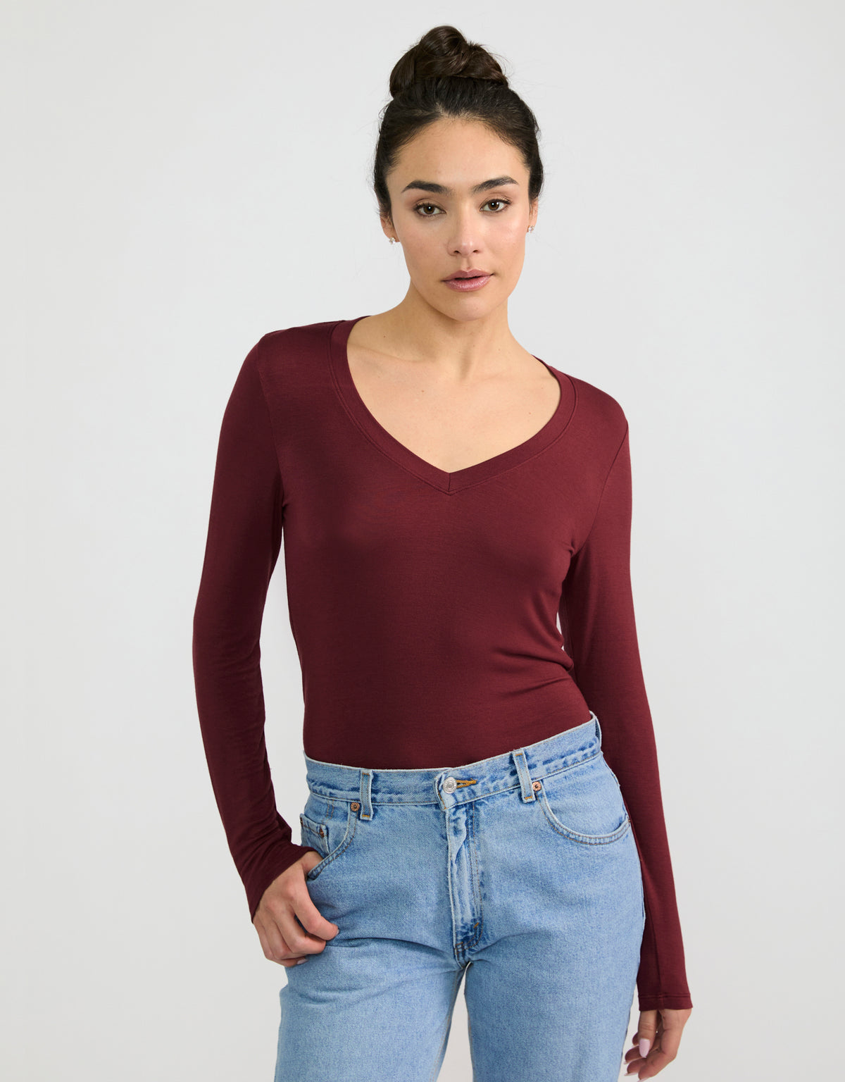Memphis Long Sleeve V Neck Tee - Garnet
