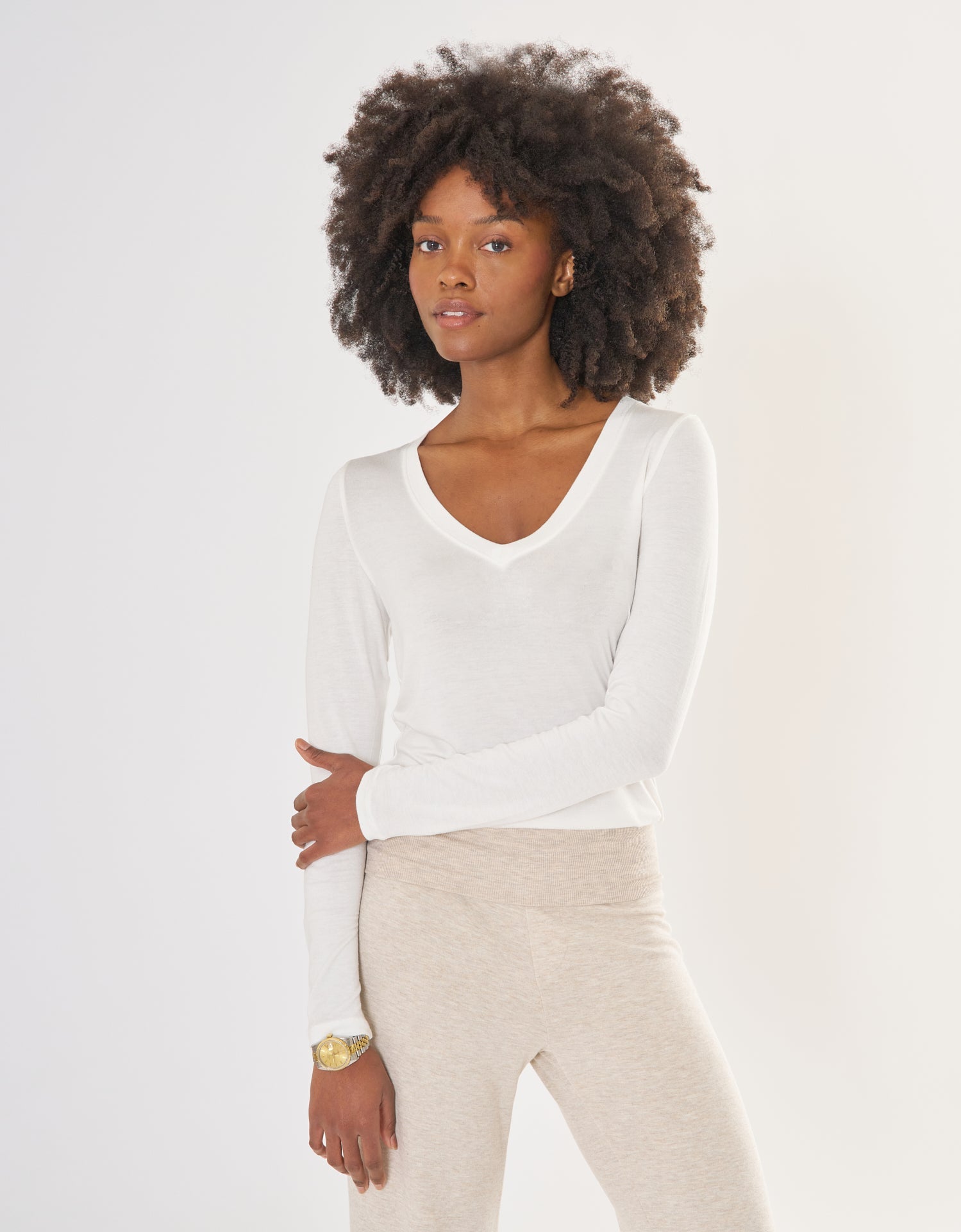 Memphis Long Sleeve V Neck Tee - White