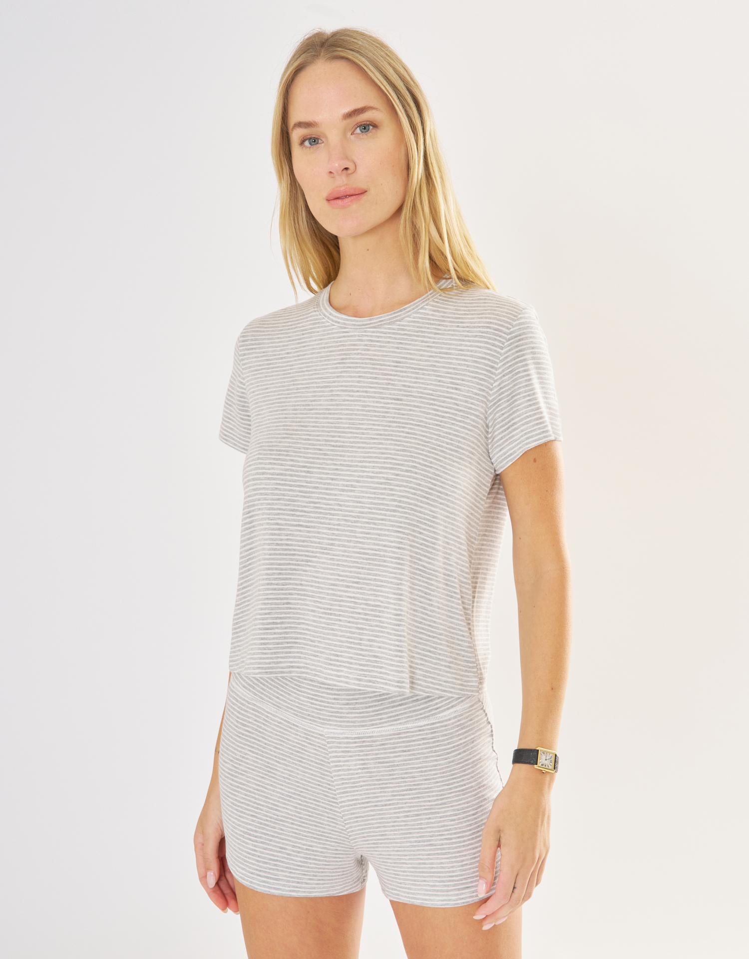 Brooklyn Tee - Heather Grey and White Stripe