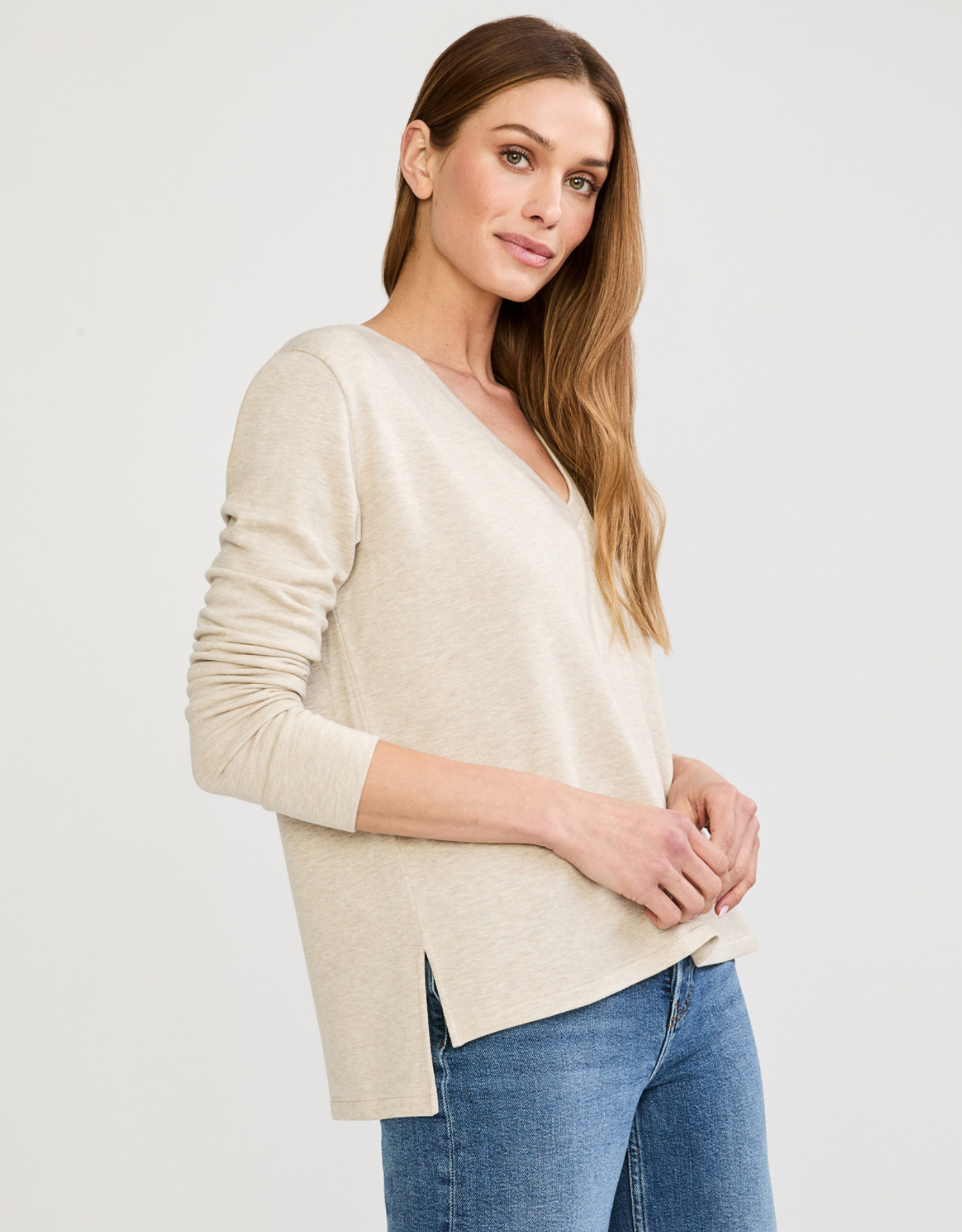 Houston Long Sleeve V Neck - Oatmeal