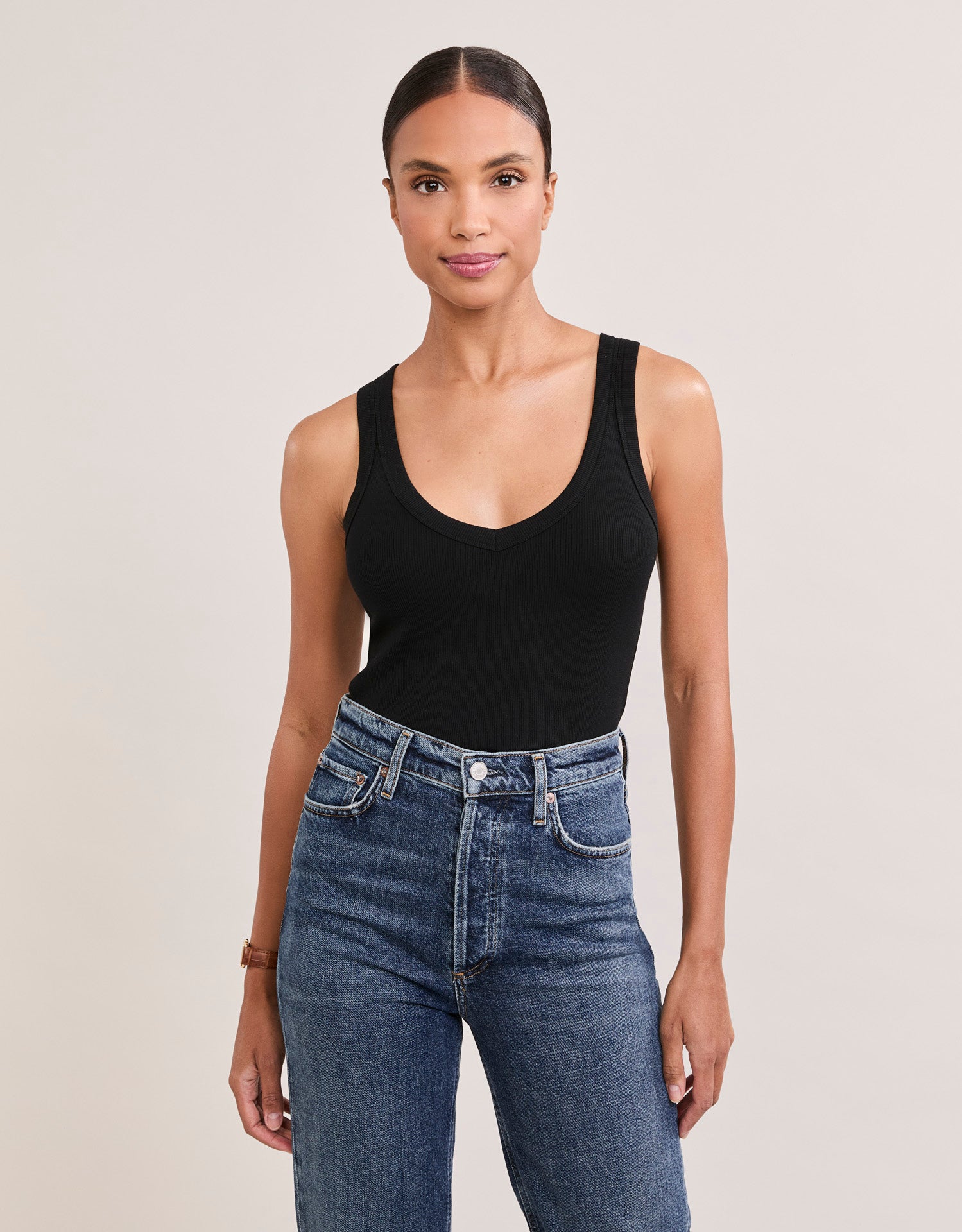 Augusta Ribbed V Neck Tank - Black